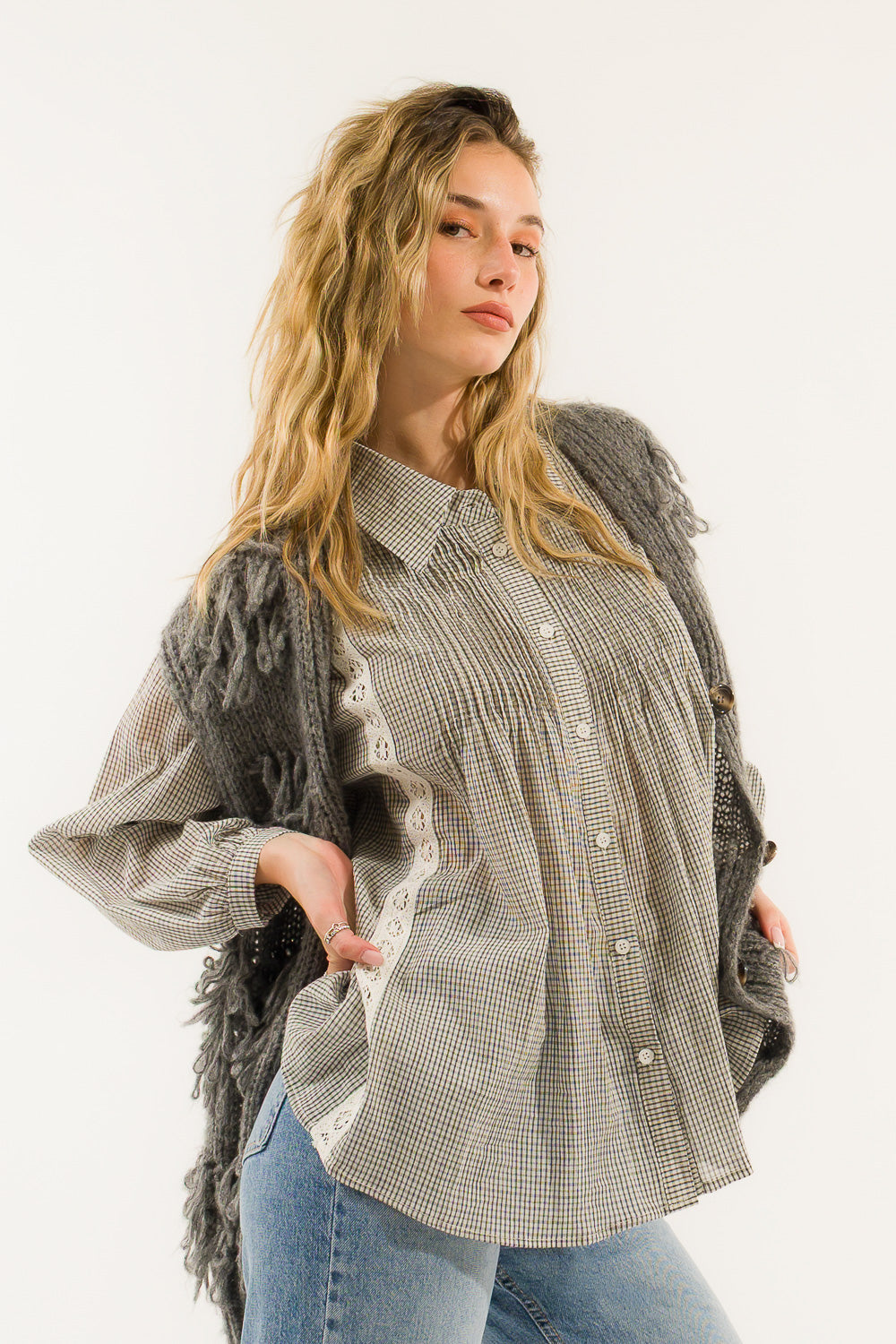 CAMICIA PLISSE INSERTI PIZZO